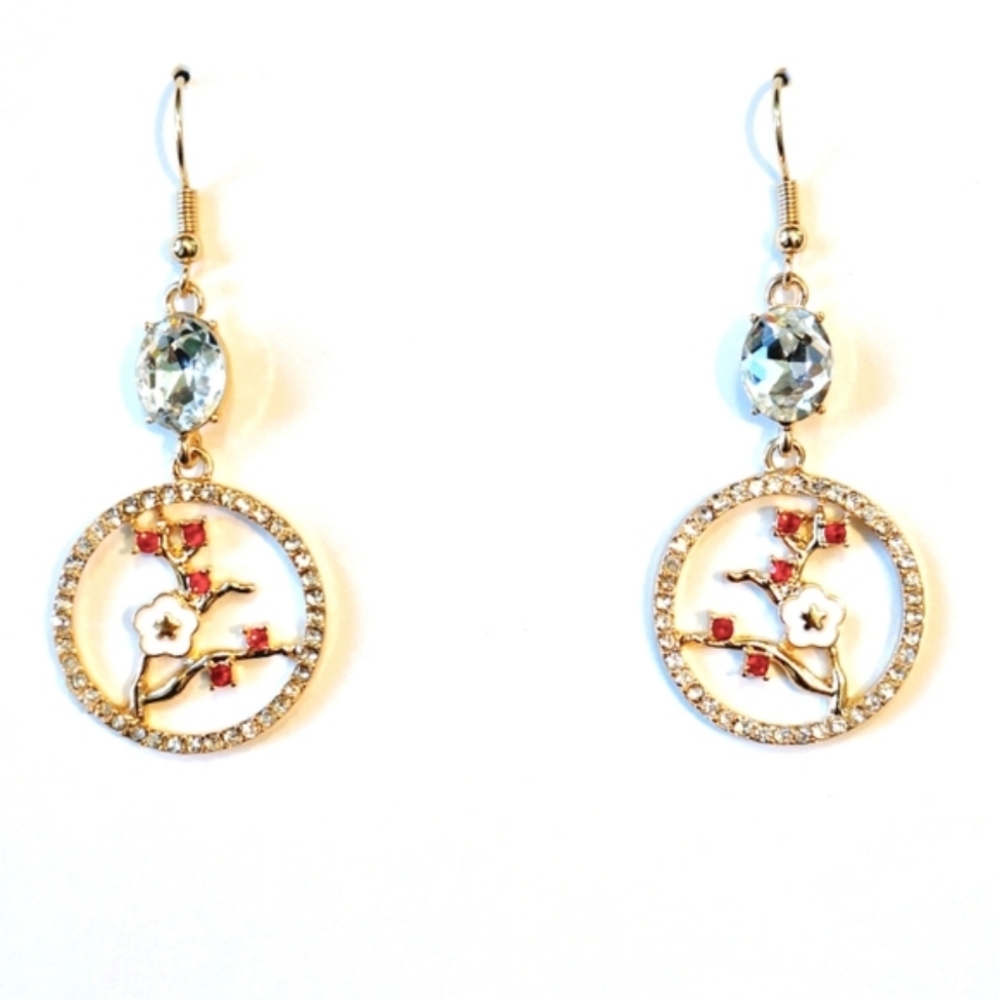 💎 3/$25 Oriental cherry blossom epoxy rhinestones earrings